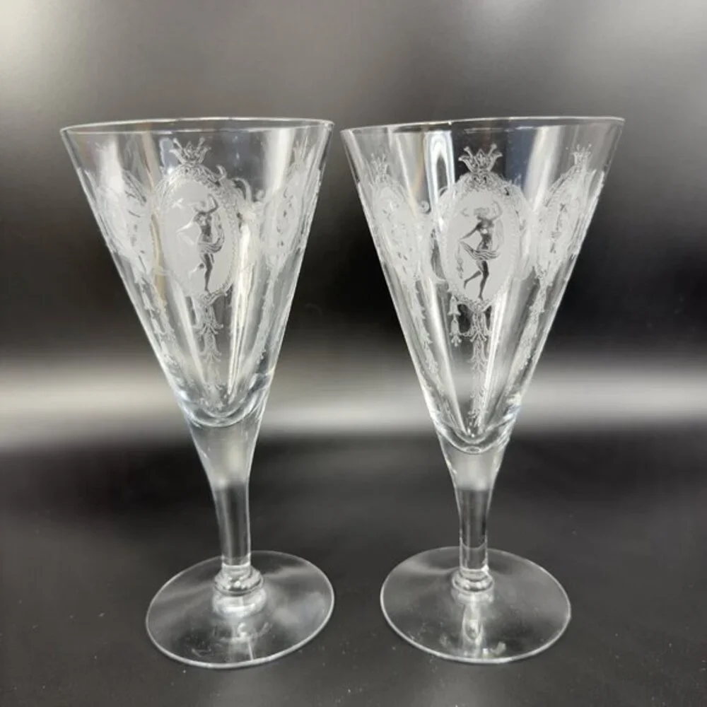 Tiffin Franciscan Classic Shawl Dancer Cameo Etched Nude Dancer Cups Set 2 Clear